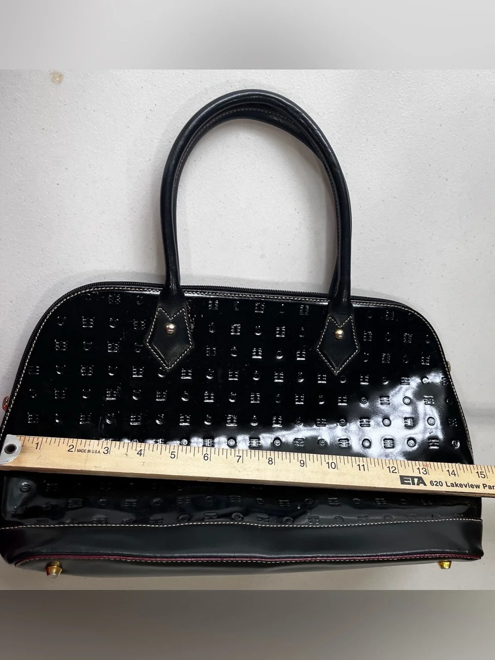 Arcadia Black Patent Leather Embossed Dome Satchel Bag Made in Italy